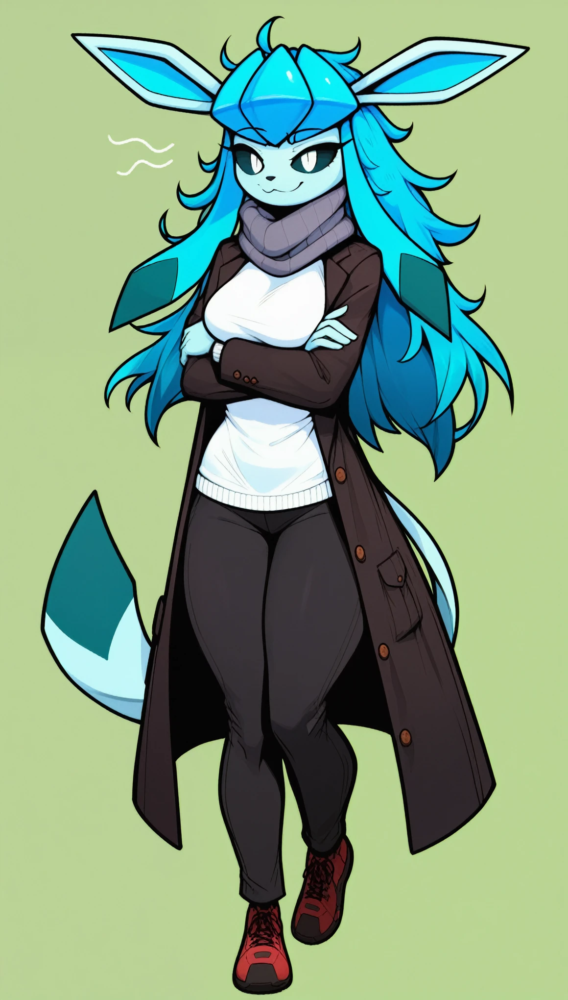 Excited expression, 1girl, anthro, furry, fur, fluffy fur, glaceon girl, blue hair (cyan highlights), black sclera, white eyes, long hair, Messy hair, (19 years), medium breast, thicc thighs, solo, (green background), detailed, smug smile, black coat, white sweater, black pants, gray scarf, (full body), standing, crossed arms, score_9, score_8_up, score_7_up, score_6_up, score_5_up, score_4_up