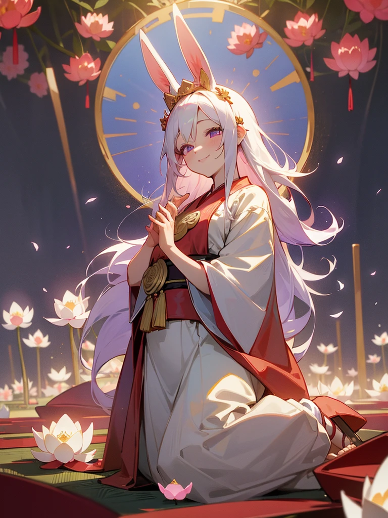 Buddha, rabbit ears, long white hair, Red Japanese pattern dress, portable shrine, festival, Angel Halo, lotus flower field, purple eyes, smile, swallow, lotus bouquet, gold screen, paradise, Rose hair ornament
