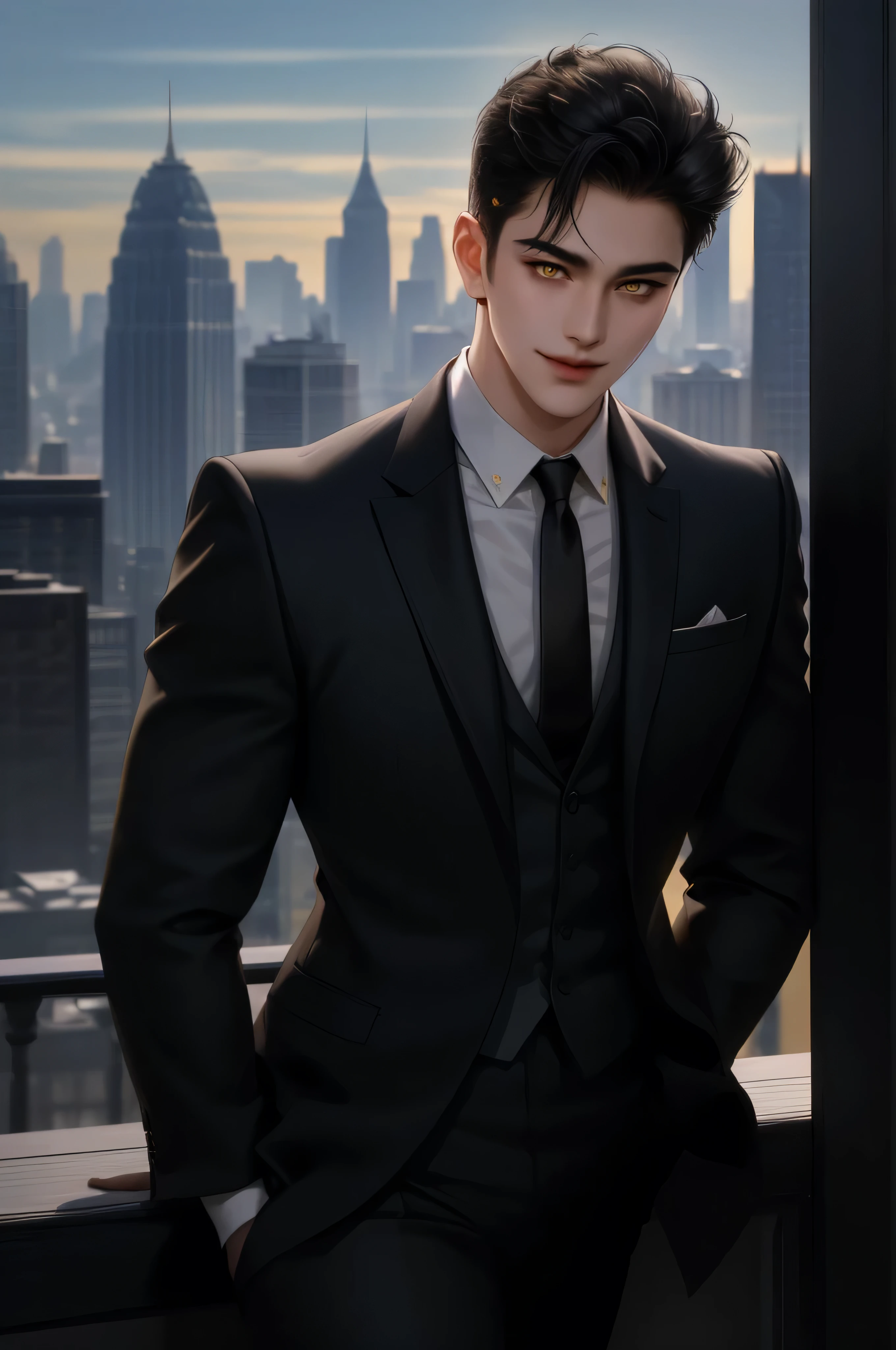 (masterpiece,best quality,ultra_detailed,highres,absurdres) (detailed shadow) (quality light),1 mature male, 21 years old, korean male focus, solo, short black hair, (yellow eyes), city background, full body, looking at viewer, parted lips, round eyewear, (wearing black suit with tie), showing a bit of muscles, smirk smile face.