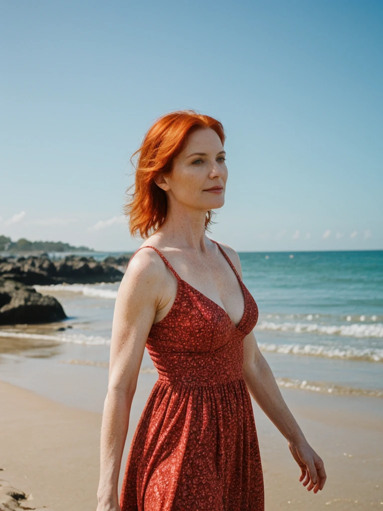 portrait, her name is Mia, high quality, 1 old woman, ((40-year-old guitar shaped body irish woman)), (((40 years old))), ((guitar shaped body)), wide hips, (wrinkled body), (old body), (((red hair))), (pale skin), ((green eyes)), she is wearing a crochet skirt and top (different colors), POSE: standing, BREAK, BACKGROUND: outdoor: tropical beach at dawn, pastel sky, gentle waves, soft light, seashells, palm trees, boats