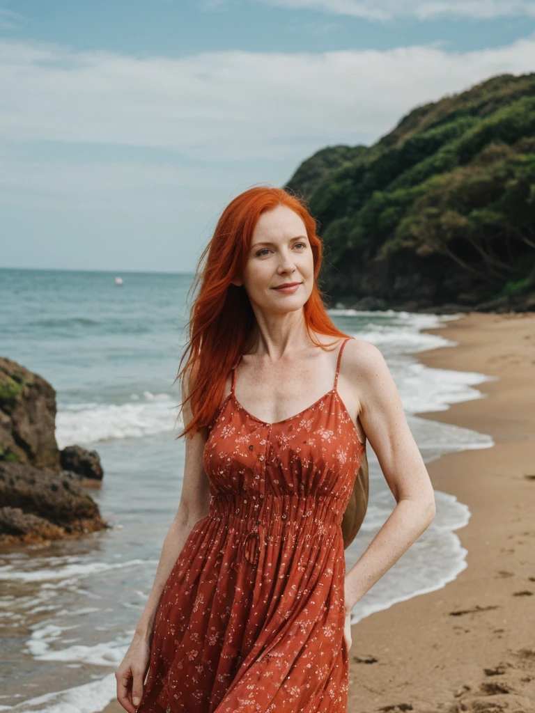 RAW PHOTO, her name is Sophia, high quality, 1 old woman, ((40-year-old hourglass body irish woman)), (((40 years old))), milf, (((red hair))), (pale skin), she is wearing a flowy sundress, dynamic pose, BREAK, BACKGROUND: outdoor, beach, instagram photo, film grain