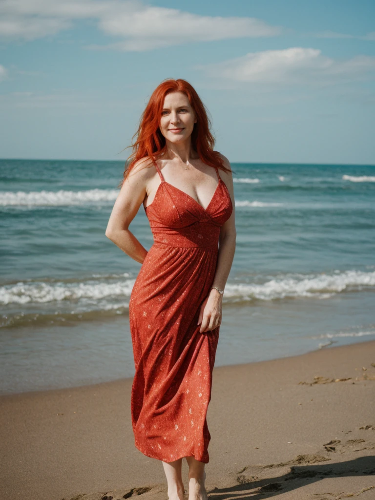 RAW PHOTO, her name is Sophia, high quality, 1 old woman, ((40-year-old hourglass body irish woman)), (((40 years old))), (wrinkled body), (old body), milf, (((red hair))), (pale skin), she is wearing a sexy crochet dress, dynamic pose, BREAK, BACKGROUND: outdoor, beach, instagram photo, film grain