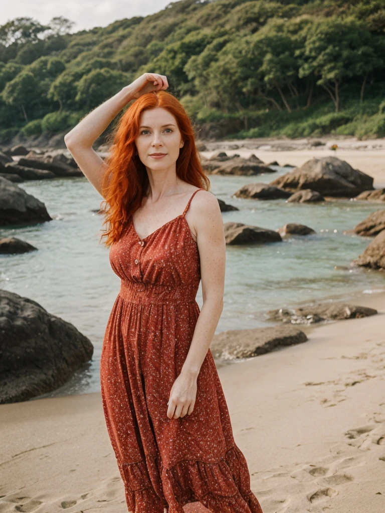 portrait, her name is Mia, high quality, 1 old woman, ((40-year-old guitar shaped body irish woman)), (((40 years old))), ((guitar shaped body)), wide hips, (wrinkled body), (old body), (((red hair))), (pale skin), ((green eyes)), she is wearing a crochet skirt and top (different colors), POSE: standing, BREAK, BACKGROUND: outdoor: tropical beach at dawn, pastel sky, gentle waves, soft light, seashells, palm trees, boats