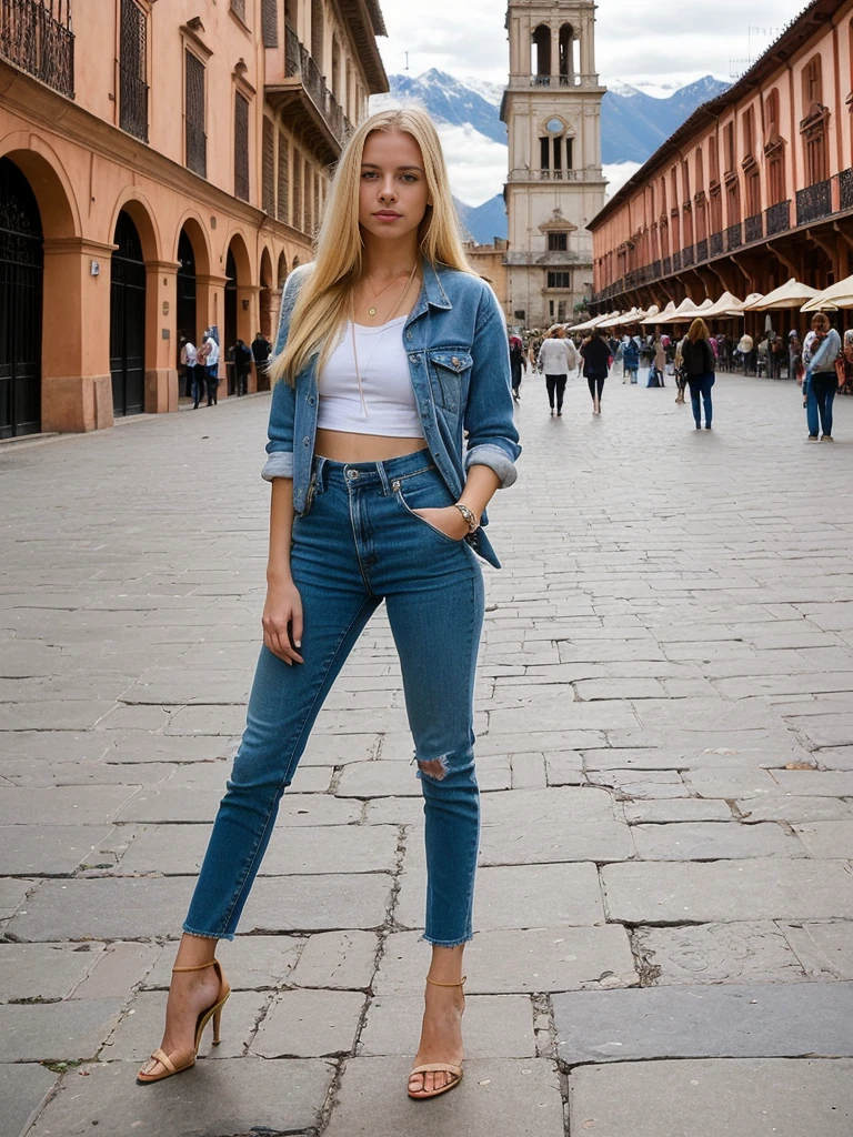 a blond woman of Italian origin, about 20 years old, wearing jeans, a tight dress and white shoes,