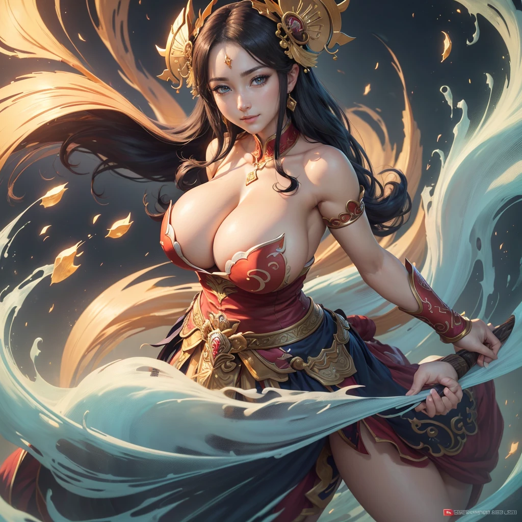 Highly detailed CG unit 8k wallpaper, masterpiece, High resolution, highest quality, highest quality real texture skin, Super Real, Digital Painting, Best image quality, 最High resolution, 8k, ((Highly detailed eyes and face)), 1girl, Beautiful eyes every detail, Full Body Shot, (((Saggy breasts, Gravity-dependent breasts, long chest, Heavy chest, ))), ((disproportionate breasts, huge breasts, sagging breasts, Cleavage, gigantic breasts, erect nipple, sideboobs)), Diao Chan, Three Kingdoms, Yang Guifei, Daji, smile, grin, 