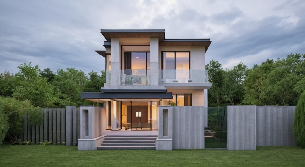 Modern house, beautiful view, wide windows, ((white wall)), (glass railing), surrounded by trees, lawn, walkway, large paved stone yard, (large sliding glass door), road straight, light sunset, neutral light, beautiful sky, cloudy, landscape, plain terrain, RAW photo, subject, 8k uhd, dslr, soft light, high quality, grain cup, Fujifilm XT3