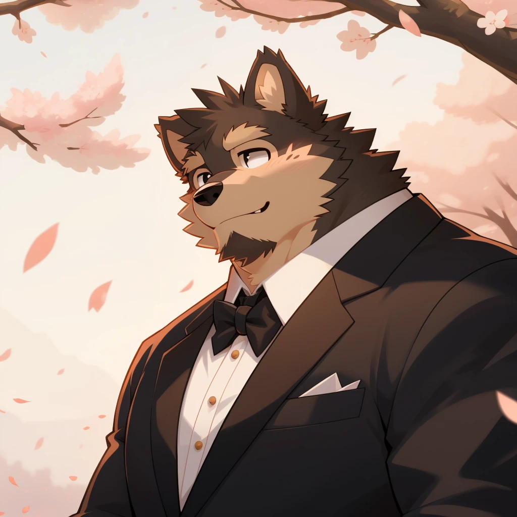 Scribble 德国牧羊dog face,Smile,Humanity(dog),(Formal wear:1.3),Muscular,(Brown eyebrows:1.1),(Close one eye:1.2),(Perfect black eyes),Cherry blossoms,Black fur。(artist:Takemoto Arashi)
