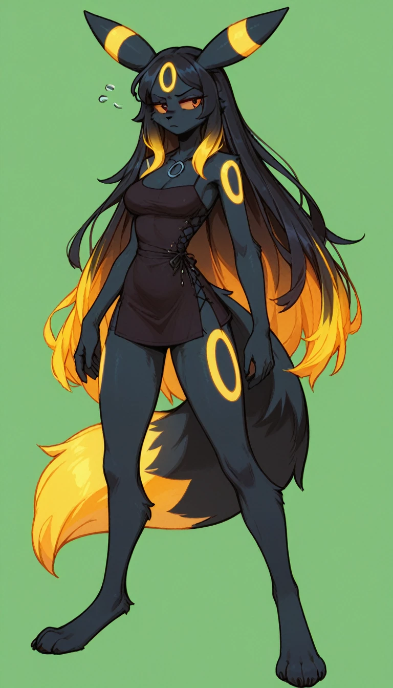 Tired expression, 1girl, anthro, furry, fur, fluffy fur, umbreon girl, black hair (yellow highlights), red eyes, long hair, straight hair, (19 years), medium breast, thighs, solo, (green background), detailed, black dress, white stockings, (closed mouth), annoyed, yellow eye shadow, (full body), standing, score_9, score_8_up, score_7_up, score_6_up, score_5_up, score_4_up thicc huge tits chubby naked nipples pussy ((wet))