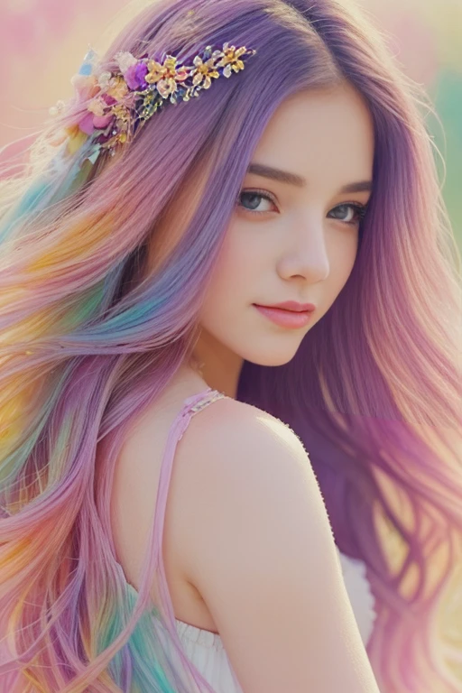 A whimsical girl with long flowing flower hair,dancing in a vibrant colorful field,dreamy watercolor painting,beautiful detailed eyes,beautiful detailed lips,extremely detailed face and portrait,intricate floral hairstyle,magical realism,natural lighting,pastel colors,soft focus,ethereal atmosphere,delicate brushstrokes,lush flora,impressionistic,romantic,fantasy,high quality