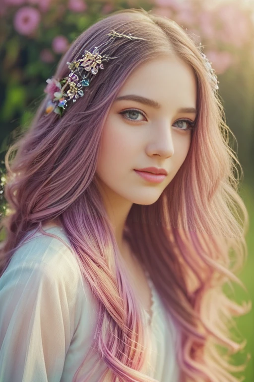 A whimsical girl with long flowing flower hair,dancing in a vibrant colorful field,dreamy watercolor painting,beautiful detailed eyes,beautiful detailed lips,extremely detailed face and portrait,intricate floral hairstyle,magical realism,natural lighting,pastel colors,soft focus,ethereal atmosphere,delicate brushstrokes,lush flora,impressionistic,romantic,fantasy,high quality