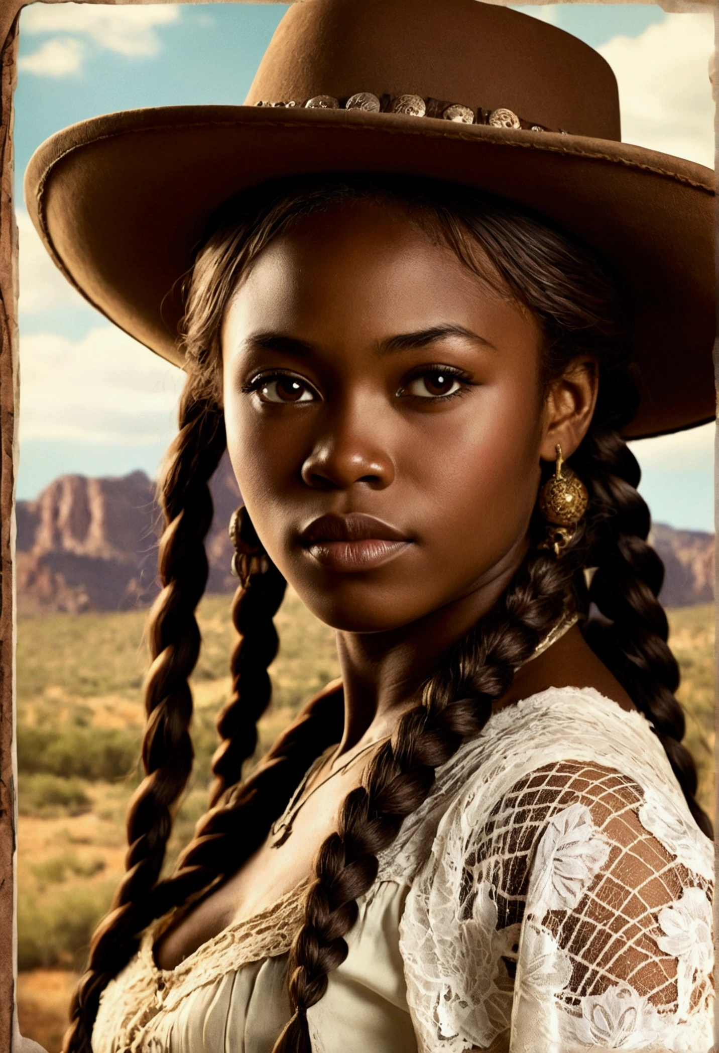 creative western film cover style old photograph with a young African woman, long braided hair, darkskin, western film character, Sexy girl with brown eyes, 精致的面容, she is wearing a hat and is in a saloom, ultra realist, meticulously detailed, wearing period clothes with white lace. she is holding a winchester. The image is an old western film cover