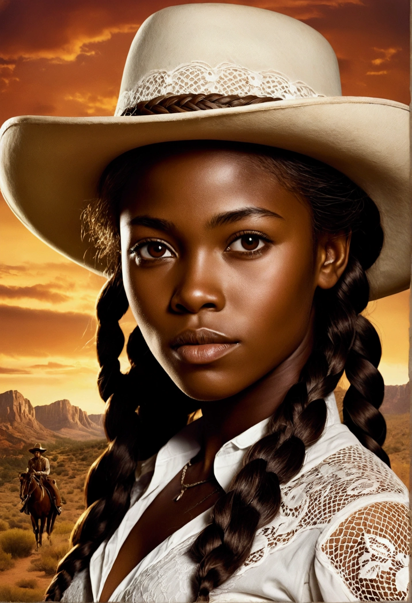 creative western film cover style old photograph with a young African woman, long braided hair, darkskin, western film character, Sexy girl with brown eyes, 精致的面容, she is wearing a hat and is in a saloom, ultra realist, meticulously detailed, wearing period clothes with white lace. she is holding a winchester. The image is an old western film cover