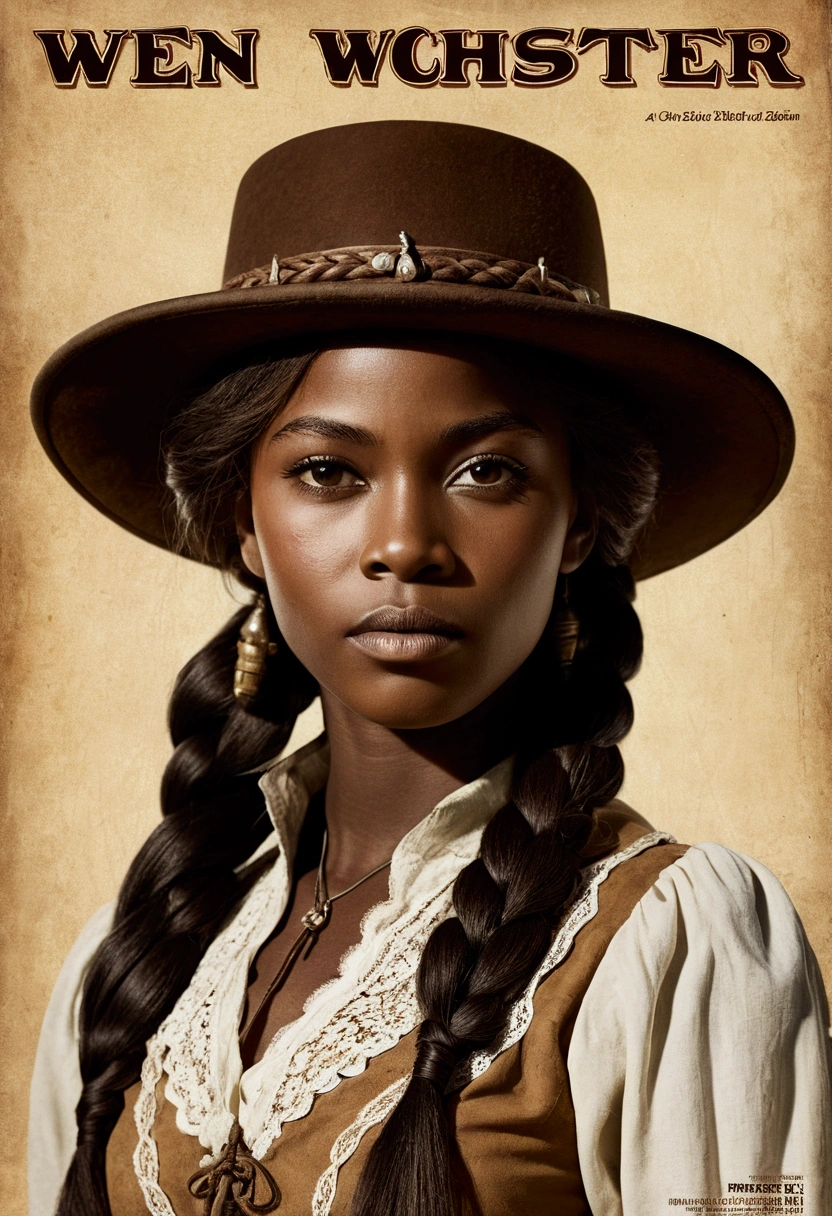 creative western film cover style old photograph with a young African woman, long braided hair, darkskin, western film character, Sexy girl with brown eyes, 精致的面容, she is wearing a hat and is in a saloom, ultra realist, meticulously detailed, wearing period clothes with white lace. she is holding a winchester. The image is an old western film cover