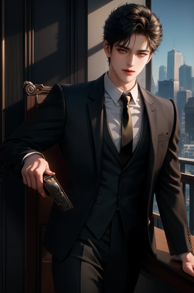 (masterpiece,best quality,ultra_detailed,highres,absurdres) (detailed shadow) (quality light),1 mature male, 21 years old, korean male focus, solo, short black hair, (yellow eyes), city background, full body, looking at viewer, parted lips, round eyewear, (wearing black suit with tie), (wearing thin glasses), showing a bit of muscles, smirk smile face.