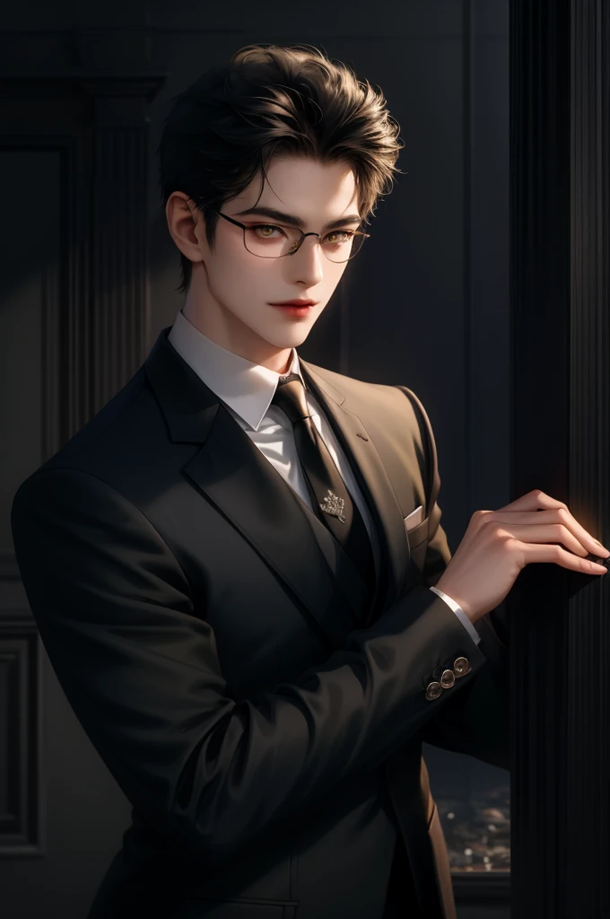 (masterpiece,best quality,ultra_detailed,highres,absurdres) (detailed shadow) (quality light),1 mature male, 21 years old, korean male focus, solo, short black hair, (yellow eyes), city background, full body, looking at viewer, parted lips, round eyewear, (wearing black suit with tie), (wearing thin glasses), showing a bit of muscles, smirk smile face.