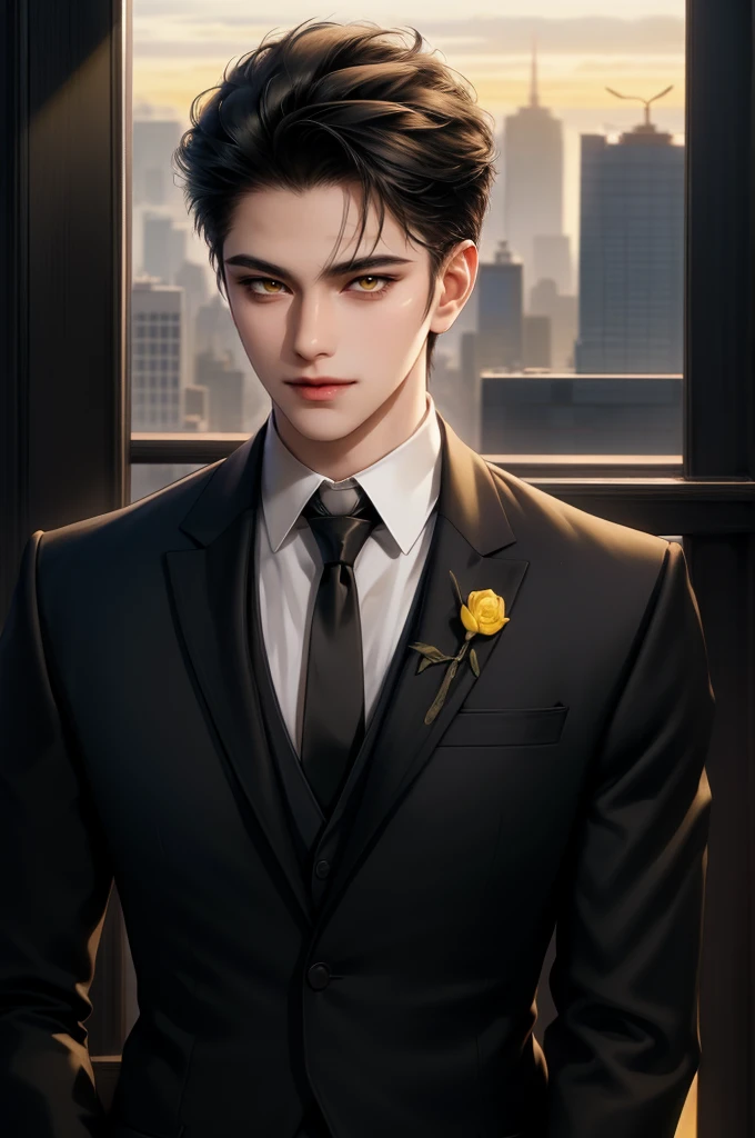 (masterpiece,best quality,ultra_detailed,highres,absurdres) (detailed shadow) (quality light),1 mature male, 21 years old, korean male focus, solo, short black hair, (yellow eyes), city background, full body, looking at viewer, parted lips, round eyewear, (wearing black suit with tie), (wearing thin glasses), showing a bit of muscles, smirk smile face.