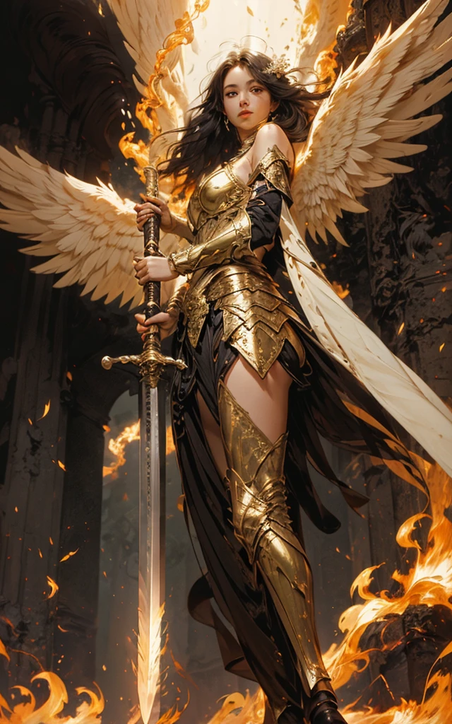 angel,Super powerful flame angel flies out of the clouds, The golden meteor magic behind him surrounds his body, gothic style, Gorgeous golden armor, huge flaming greatsword, rich background, Sword art background, Filming, depth of field, Super Vision, Super Vision ,
(bare shoulders bare shoulders:1.1)华丽铠甲 angel之翼. Huge angel wings

