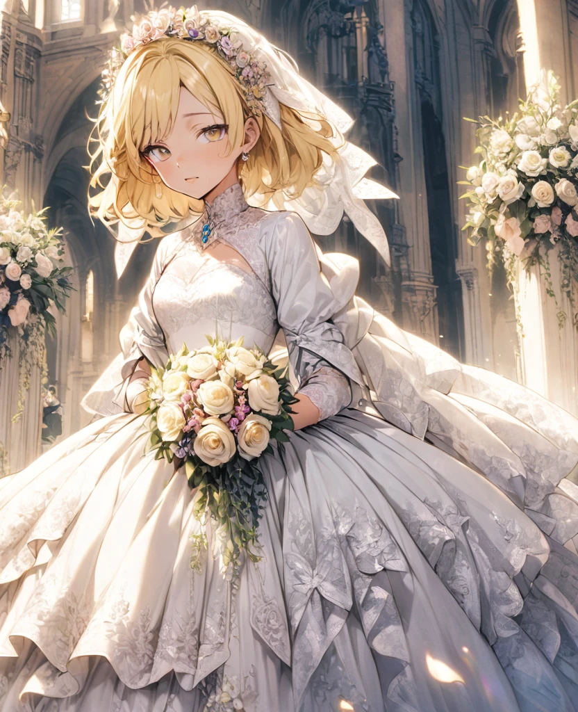 boyish　Slanted Eyes　Blonde　whole body　Wedding dress　moonlight　bouquet　Bob Short　Modest chest