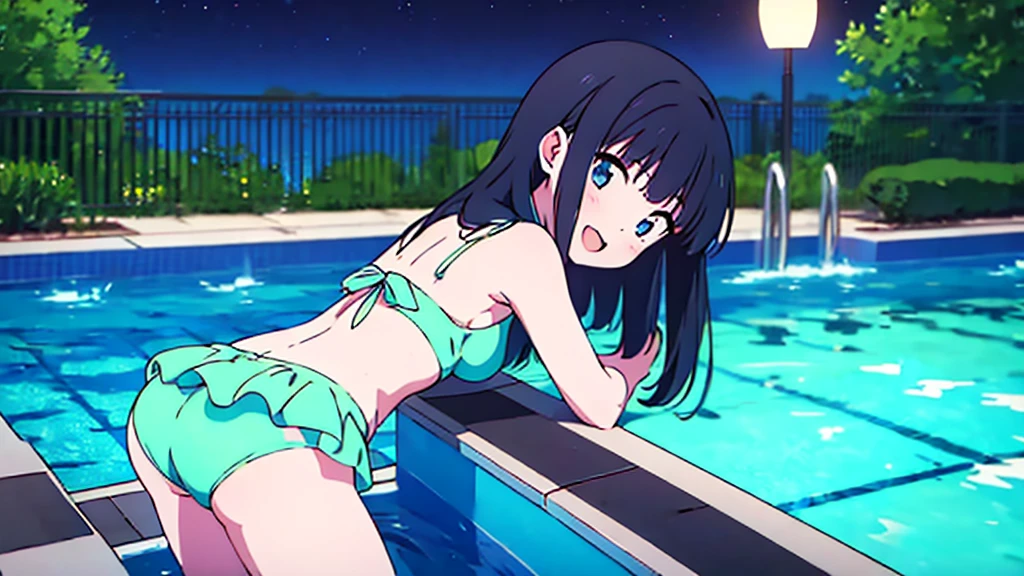 Masterpiece, Best Quality, extremely detailed, cheered up, girl,night pool,high waist bikini,SMILE,:d,action,(small breasts),ass focus