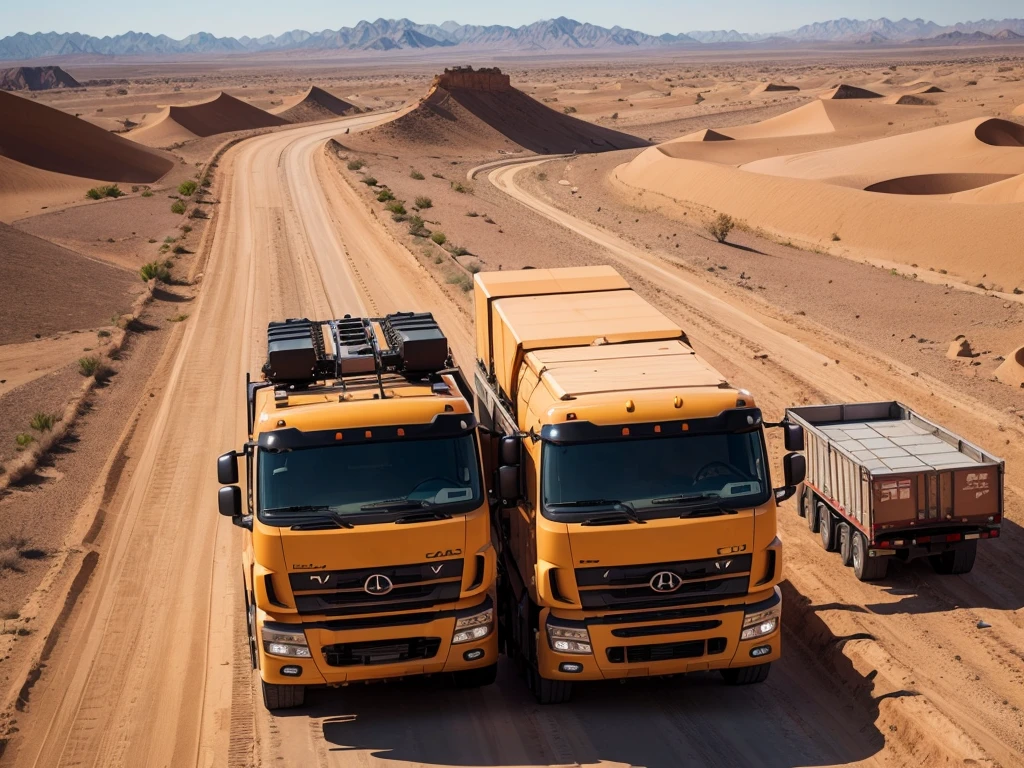 Chinese heavy duty truck in the desert, drone-stagram