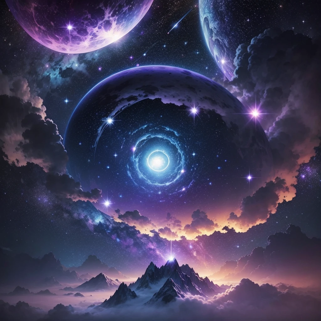 A professional and elegant starry background with a space theme. The night sky is filled with bright stars and colorful nebulae in shades of blue and purple. There are detailed planets on the horizon, some with shiny rings. The center of the image has a darker, cleaner area, ideal for placing a logo. The image must convey a sense of infinity and cosmic mystery, maintaining a modern and professional aesthetic.