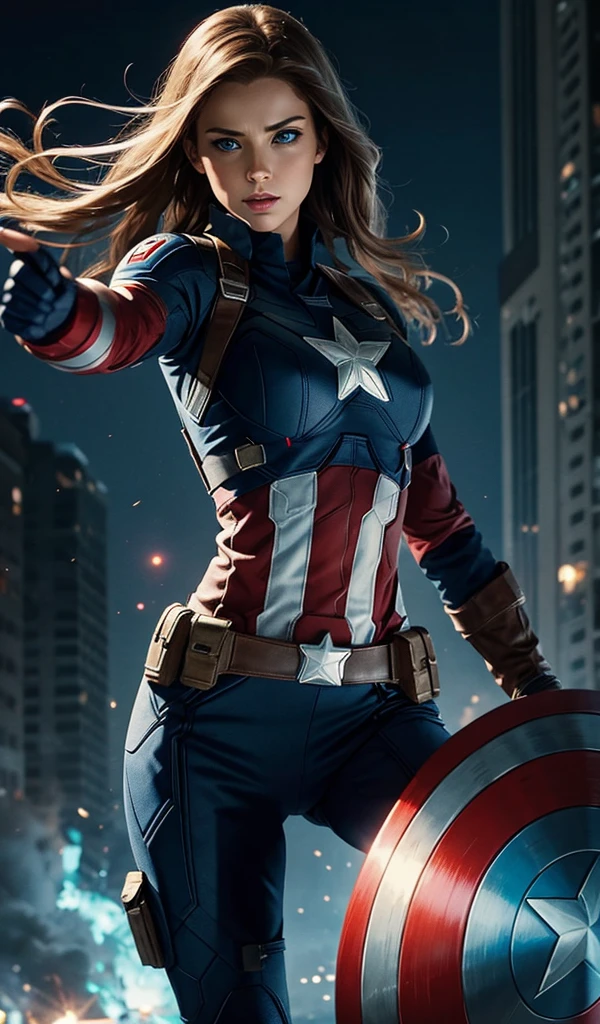 The female version of Captain America in an action pose, perfect costume, extremely detailed bright blue eyes, 