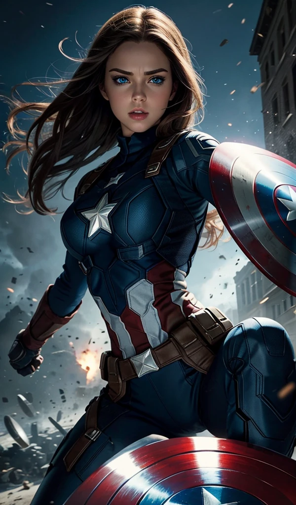 The female version of Captain America in an action pose, perfect costume, extremely detailed bright blue eyes,