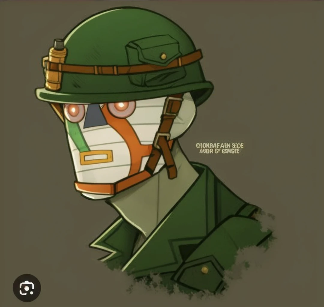 Create an army soldier. His body is completely covered by a camouflage uniform and a black vest. On his head, he wears a helmet. His face is completely bandaged, leaving only long white hair at the back. Wears round gold glasses with red lenses