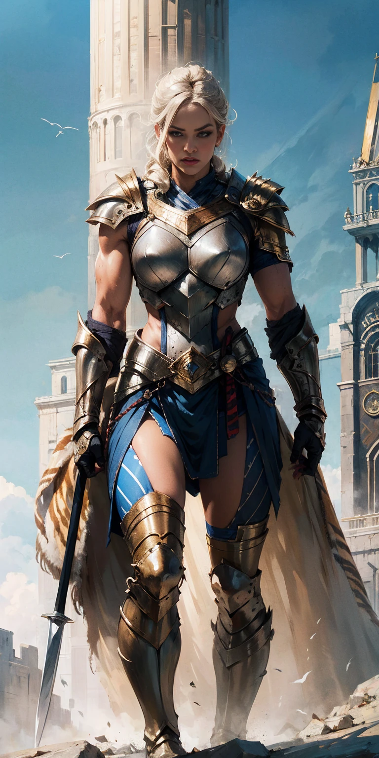 1 Girl (implying one person, likely female)
Full Body: Standing with perfect symmetry
Muscular Build: Strong and defined physique
Turned Arms: Muscular arms positioned behind her back
Theme:
Epic Fantasy: Set in a fantastical world
Asgard: Inspired by Norse mythology (can be subtle or more prominent)
Valkyrie/Lady Knight: Combining elements of a fierce warrior and noble protector
A motif incorporated into her armor, clothing, or environment (tiger stripes, or a tiger pelt cloak)
Visual Style:
Hyper Realistic: Incredibly lifelike detail
Masterpiece: Exceptional quality
8K Resolution: Sharp and high definition
Detailed Drawing: Intricate and richly textured
Superior Quality: The best possible rendering
Epic Composition: Dramatic and visually stunning