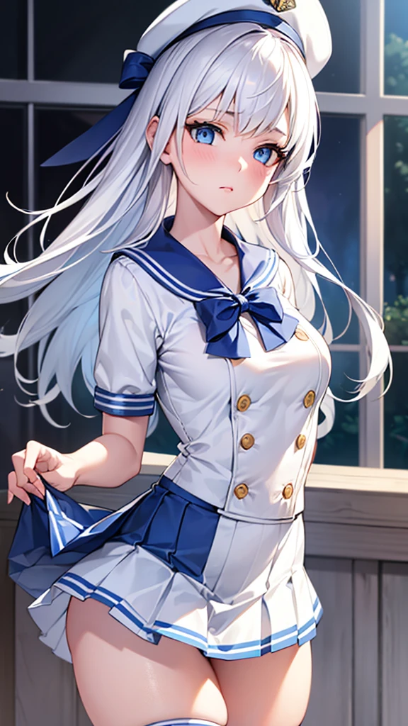 beautiful detailed girl, 1girl, detailed white hair, detailed blue eyes, detailed small perky breasts, detailed tight firm butt, short white pleated skirt, blue panties, button up shirt, sailor cap, extremely detailed, realistic, photorealistic, ultra-detailed, 8k, masterpiece, dramatic lighting, vibrant colors, cinematic, fantasy, ethereal