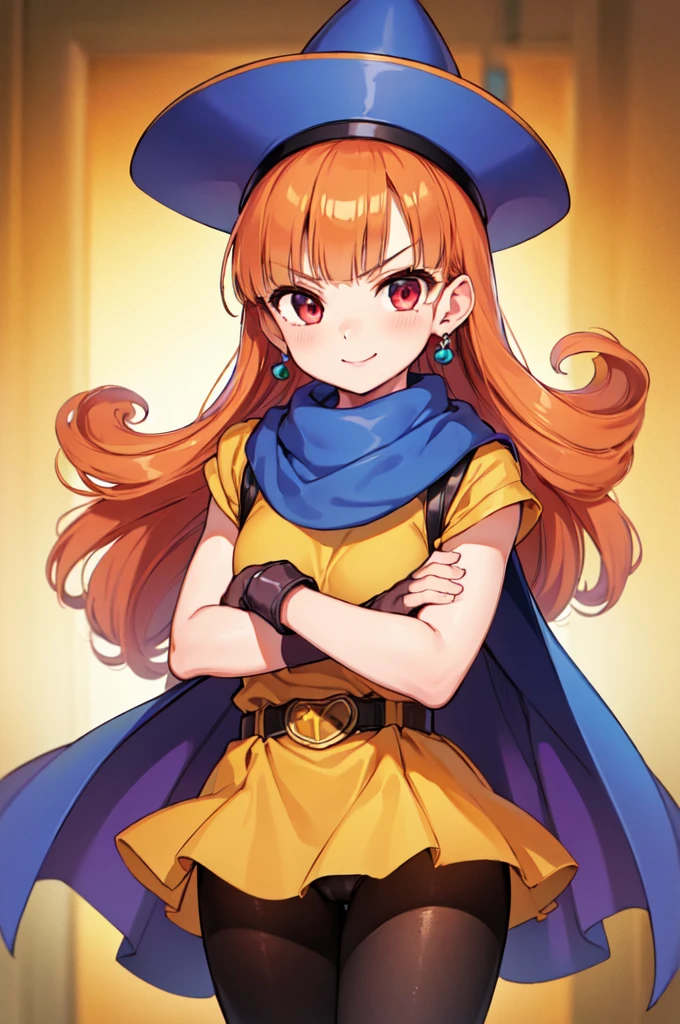 (masterpiece, best quality:1.2), cowboy shot, solo, 1girl, alena \(dq4\), smile, looking at viewer, hat, dress, cape, pantyhose, gloves, belt, jewelry, earrings, panties under pantyhosewet, glaring,crossed arms,crouching down