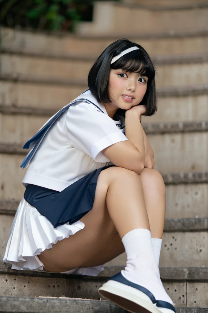 （8k、Raw photography、Highest quality、masterpiece：1.2),(Black hair bangs、Short Bob Hair:1.8),(:1.3)、View your audience,Front view,White skin,(high school girl、White and navy blue uniform:1.6)、(Tight waist:1.6)、(Clothes that accentuate the shape of the breasts:1.0)、(Small breasts :1.3)、Slim figure、Ultra-high resolution,beautiful,beautiful fece,(One person、No background:1.9),whole bodyボディー,Japanese women,（reality的：1.37）、Photon Mapping,reality、(Baby-faced and cute: 1.4)、(Round face: 1.8)、Radio City、Physically Based Rendering、Depth of field rally background、photograph, (I can see your knees、Thigh close-up:1.8),（Checked skirt:1.6）,whole body、Great quality、(Sit with your legs slightly apart、Put your hands on your knees)、((((Sailor suit))))、(((White and light blue panties)))、((((White loose socks))))、((((Brown leather shoes))))、(Outdoor Roads)、((((Low - Angle))))、((((Sitting on the stairs outdoors))))