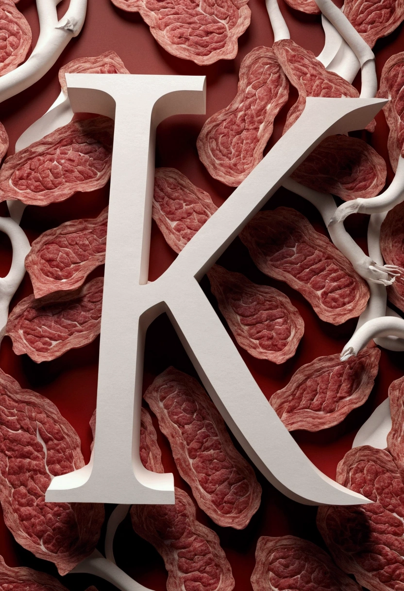 Paper "k" made by meat, meat, BONES OR ORGANS, 3D model, elegant, realist, ADD A LOT OF BLOOD