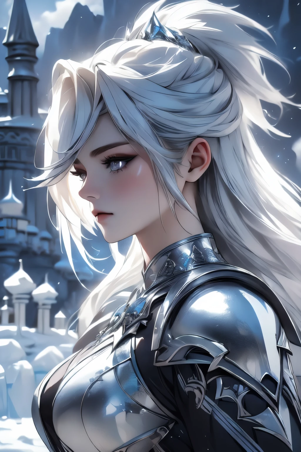 ((high quality:1.2, masterpiece:1.2)), 1girl, beautiful face, white hair, grey eyes, dynamic pose, (death knight, fantasy), (face shot, upper body), fantasy, (noon, ice castle background:1.2), majestic clouds, absurdres, high details, detailed and intricate, best lighting, sharp focus, realistic lighting