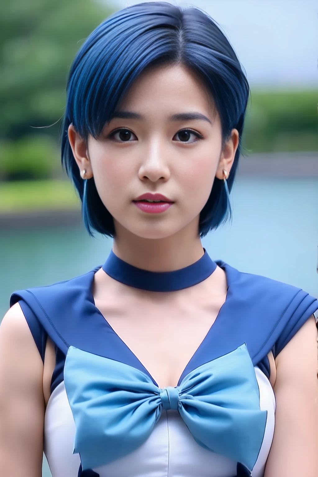 Full Body Shot,Ami Mizuno, (sailor mercury, neck ribbon, blue hair, short hair, circlet, jewelry, crescent earrings),Sailor Mercury. beautiful, whole body,water star,looking at the camera