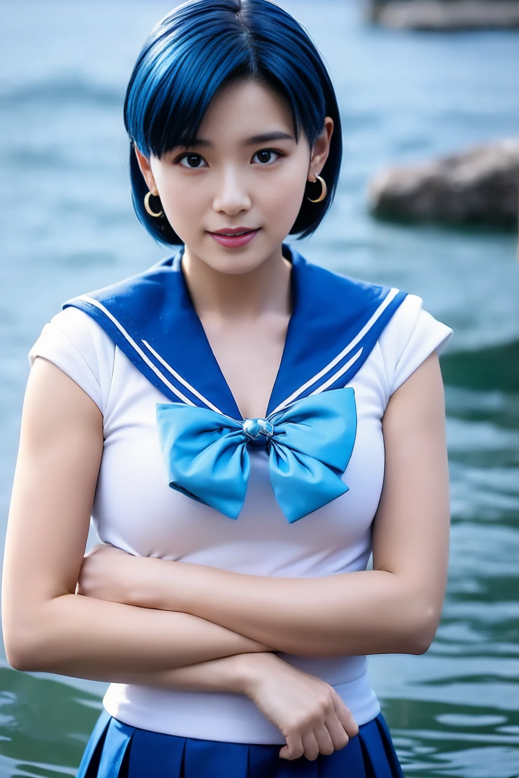 Full Body Shot,Ami Mizuno, (sailor mercury, neck ribbon, blue hair, short hair, circlet, jewelry, crescent earrings),Sailor Mercury. beautiful, whole body,water star,looking at the camera
