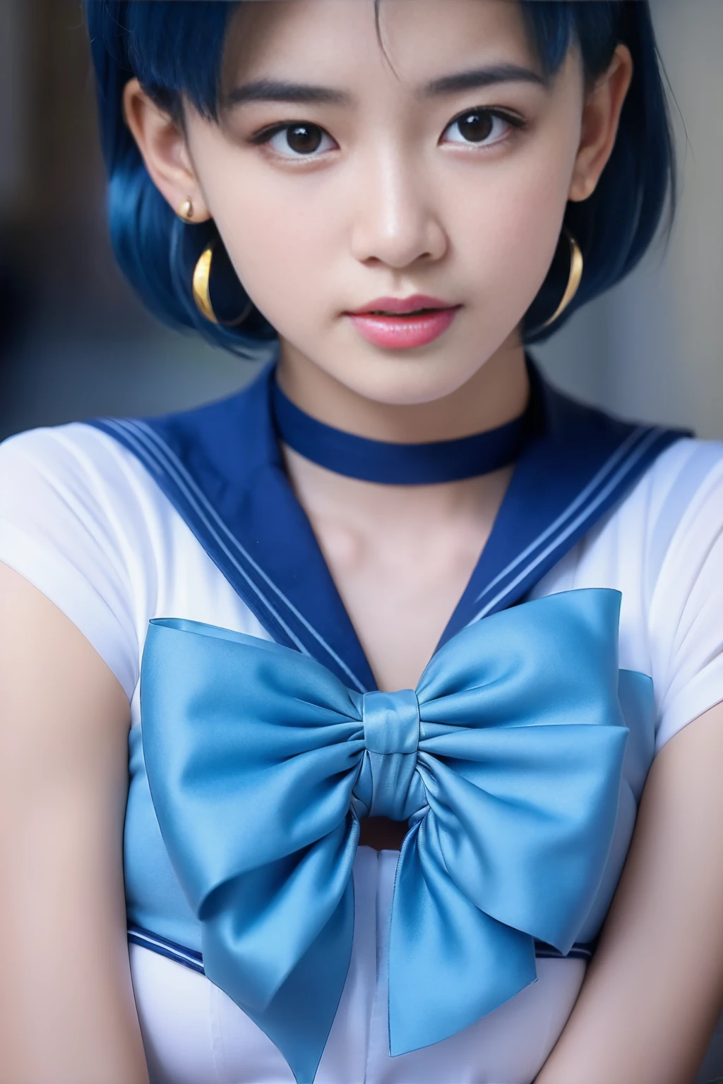 Full Body Shot,Ami Mizuno, (sailor mercury, neck ribbon, blue hair, short hair, circlet, jewelry, crescent earrings),Sailor Mercury. beautiful, whole body,water star,looking at the camera
