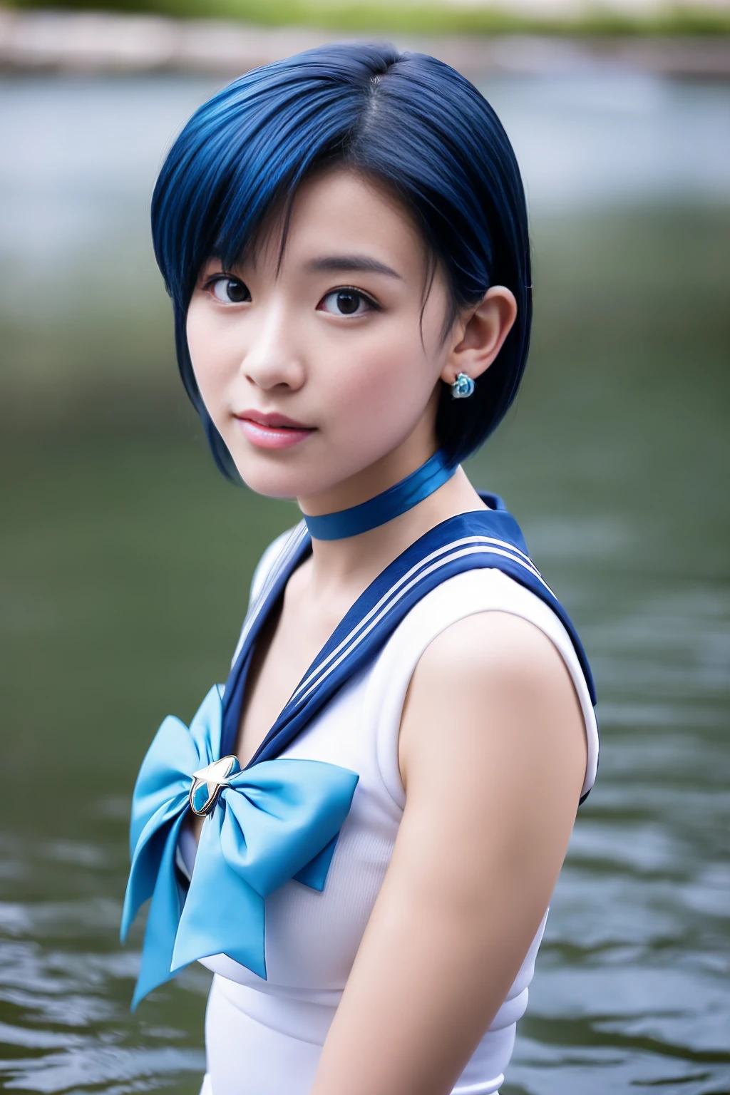 Full Body Shot,Ami Mizuno, (sailor mercury, neck ribbon, blue hair, short hair, circlet, jewelry, crescent earrings),Sailor Mercury. beautiful, whole body,water star,looking at the camera
