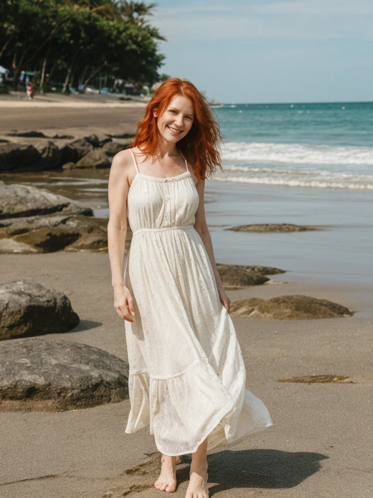 portrait, her name is Mia, high quality, 1 old woman, ((40-year-old guitar shaped body irish woman)), (((40 years old))), ((guitar shaped body)), wide hips, (wrinkled body), (old body), (((red hair))), (pale skin), ((green eyes)), she is wearing a crochet skirt and top (different colors), POSE: standing, BREAK, BACKGROUND: outdoor: tropical beach at dawn, pastel sky, gentle waves, soft light, seashells, palm trees, boats
