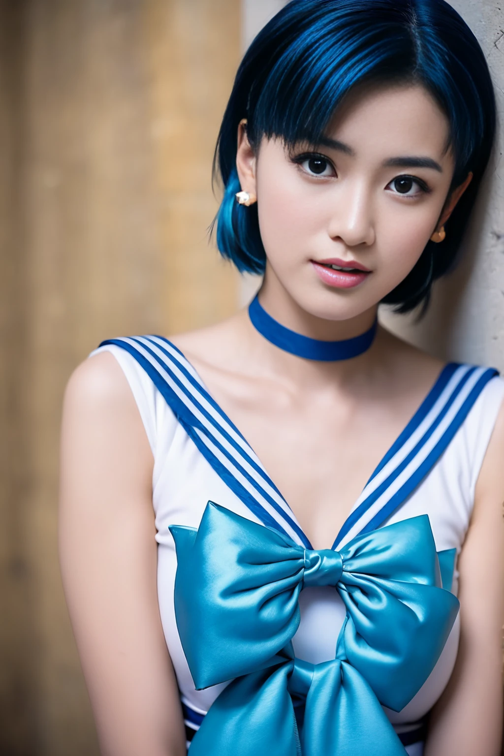 Full Body Shot,Ami Mizuno, (sailor mercury, neck ribbon, blue hair, short hair, circlet, jewelry, crescent earrings),Sailor Mercury. beautiful, whole body,water star,looking at the camera
