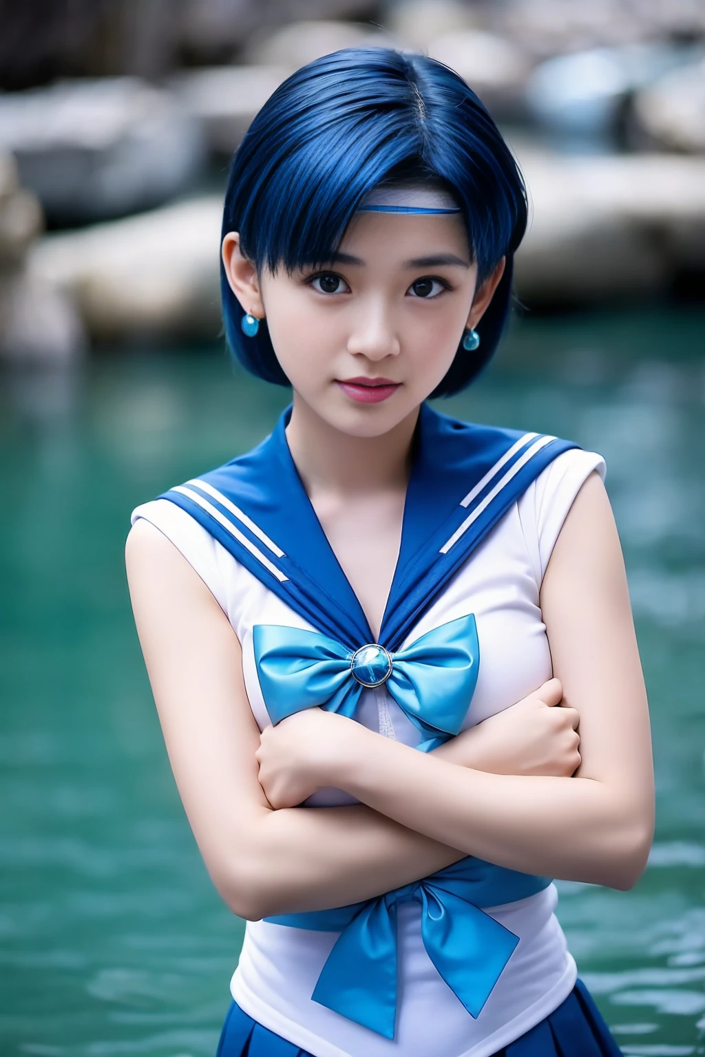 Full Body Shot,Ami Mizuno, (sailor mercury, neck ribbon, blue hair, short hair, circlet, jewelry, crescent earrings),Sailor Mercury. beautiful, whole body,water star,looking at the camera