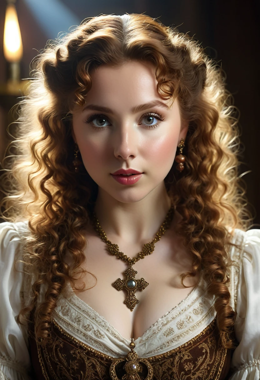 A beautful jewish women with a thick bush unibrow and a large bulbous nose. brown hair that is extremy curly and kinky, Traditional jewish dress. Ultra HD, with Rococo he symmetrical face, photorealistic photography, path tracing, specular lighting, and volumetric face light enhance the details. The scene is captured in maximum quality, masterpiece, 8K high resolution, and top quality.Molly Quinn.
Epc lighting, striking silhouette. cross necklace. Doe eyes. The epitome of old wpr;d beauty and charm.