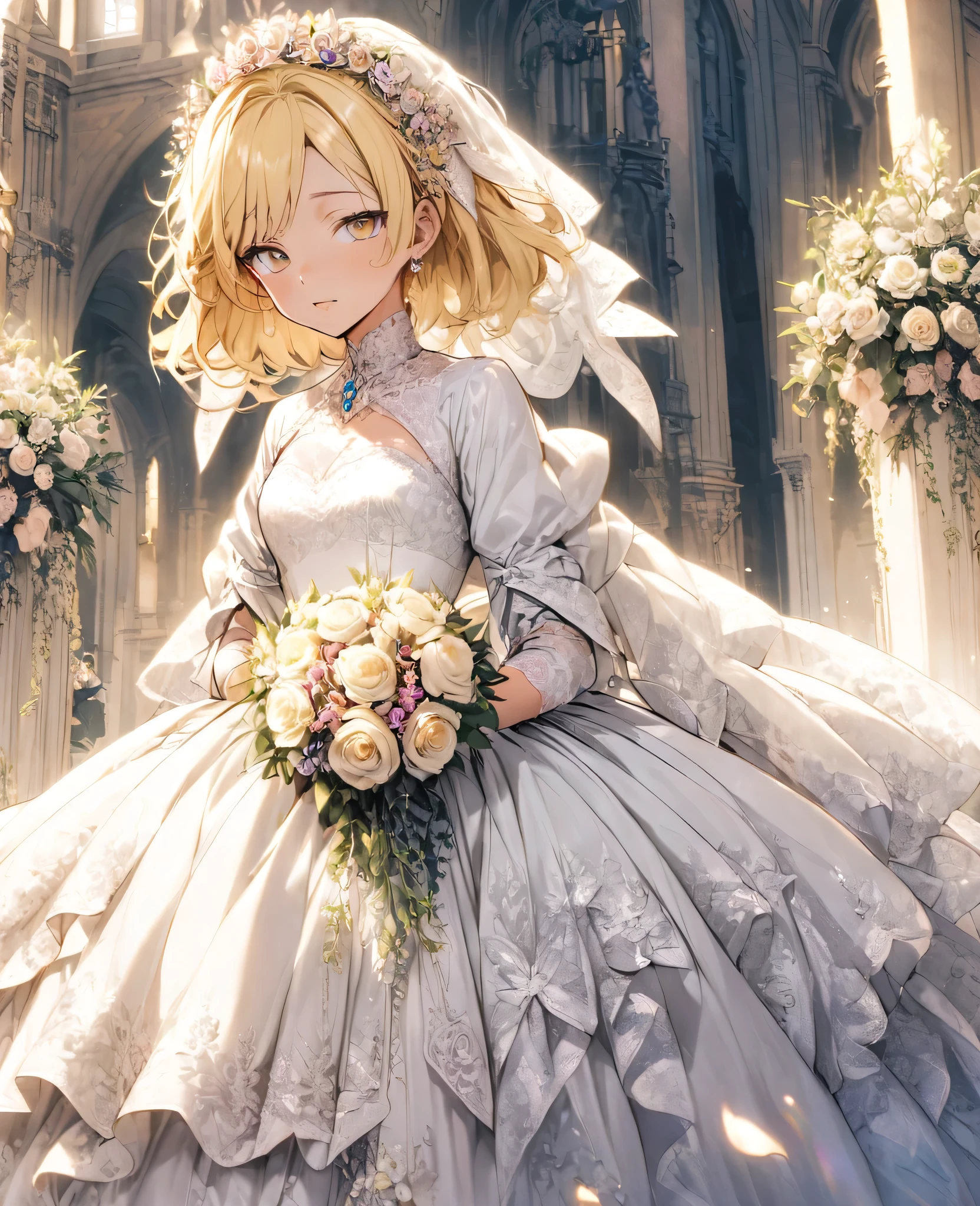 boyish Slanted Eyes Blonde whole body Wedding dress moonlight bouquet Bob Short Modest chest