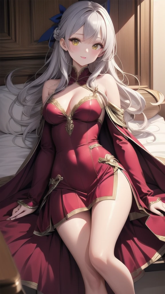 (masterpiece, best quality, ultra-detailed, best shadow), solo girl, silver hair, yellow eyes, long hair, medium breasts, sexy body and face, wavy hair, smile, parted lips, red lips, circlet, skirt, bridal gauntlets, jewelry, cape, bare shoulders, sandals, sleeveless dress, red cape, long sleeves, wide sleeves, side slit, white dress, detached sleeves, turtleneck, ribbon, pink dress, fingerless gloves, cafe, sexy pose, cowboy shots,  sharp focus, vibrant, creative, dynamic, high definition, high resolution, 8k, (Upscale: R-ESRGAN 4x+ Anime6mage enchance:4x), voluptuous body, cinema lightning, dakimakura style, looking at the viewer, 