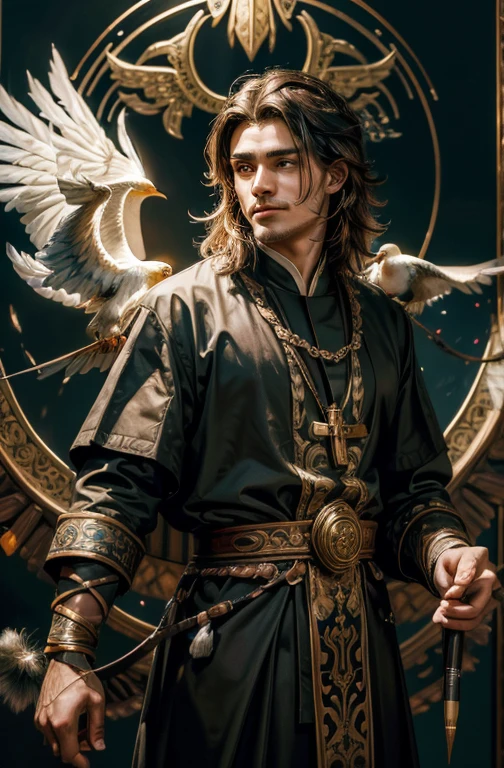 Man with a painted bird on his chest of a bird with a rainbow feathered tail encircling it like religious iconography. He has brown long-haired is handsome Symmetrical featured Male Monk with a knack for painting, and spreading love and peace. Brown long-haired handsome Symmetrical featured Male Priest with the religious iconography of a bird with a rainbow feathered tail. This priest has a knack for painting, spreading love and peace. Holding a paintbrush with a smile on his face facing forward.