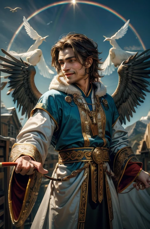 Man with a painted bird on his chest of a bird with a rainbow feathered tail encircling it like religious iconography. He has brown long-haired is handsome Symmetrical featured Male Monk with a knack for painting, and spreading love and peace. Brown long-haired handsome Symmetrical featured Male Priest with the religious iconography of a bird with a rainbow feathered tail. This priest has a knack for painting, spreading love and peace. Holding a paintbrush with a smile on his face facing forward.