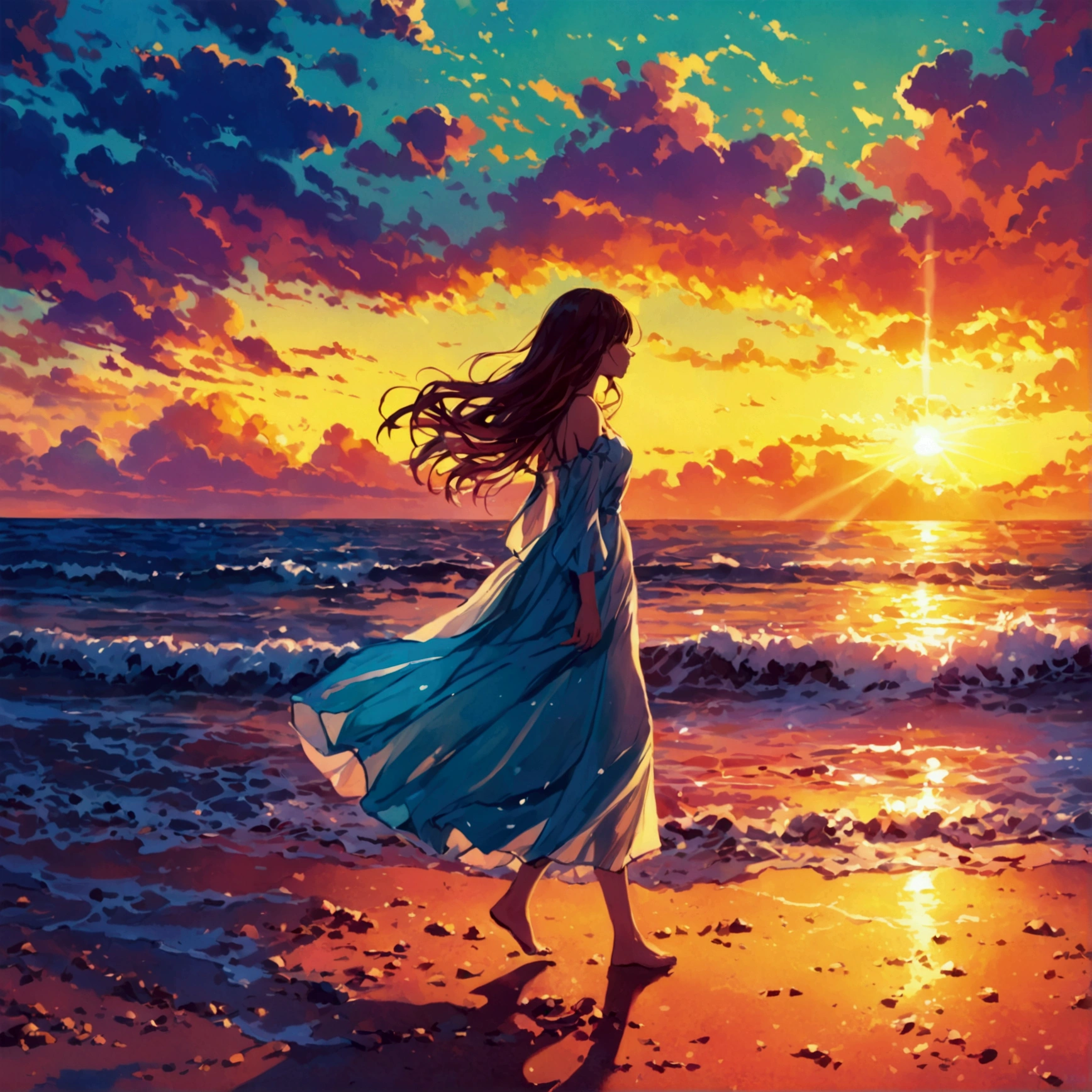 A beautiful girl walking alone on the beach 