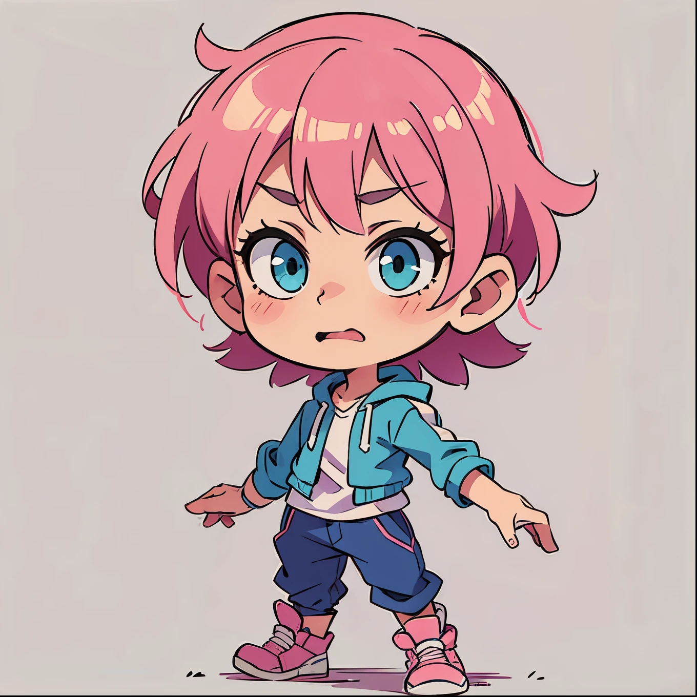 ((Cool expression))、Pink hair、short hair、Blue-green eyes、Simple clothes