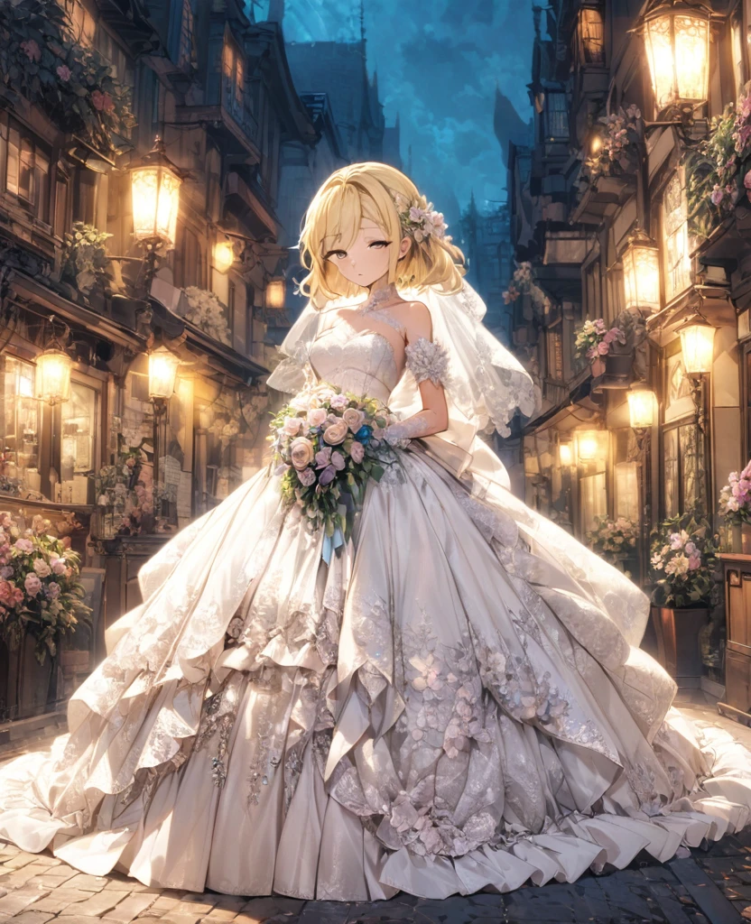 boyish Slanted Eyes Blonde whole body Wedding dress moonlight bouquet Bob Short Modest chest Night view