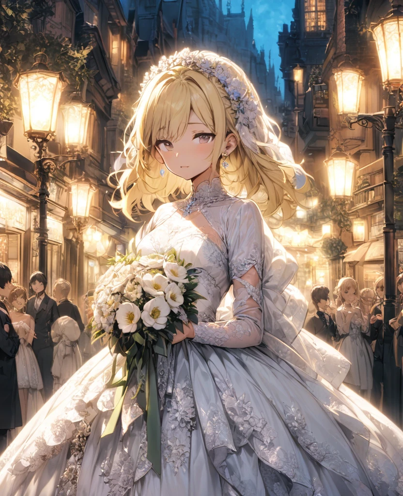 boyish　Slanted Eyes　Blonde　whole body　Wedding dress　moonlight　bouquet　Bob Short　Modest chest　Night view